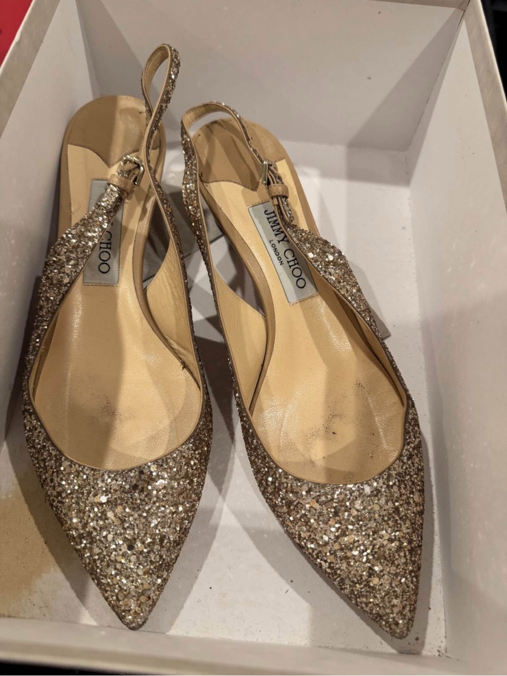 Jimmy Choo Gold Glitter Pointed Slingback Flats
